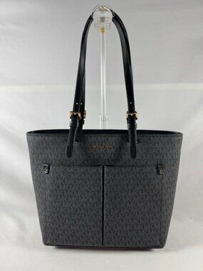 NEW Michael Kors Jet Set Medium Logo Pocket Tote, Black Signature Canvas NWT